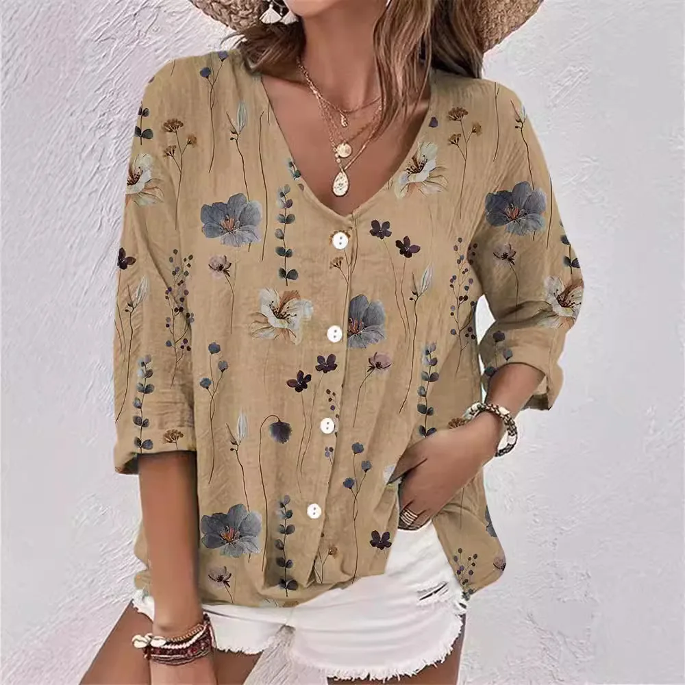 New Women's V-neck Button Chiffon Printed Cardigan Long Sleeved Shirt