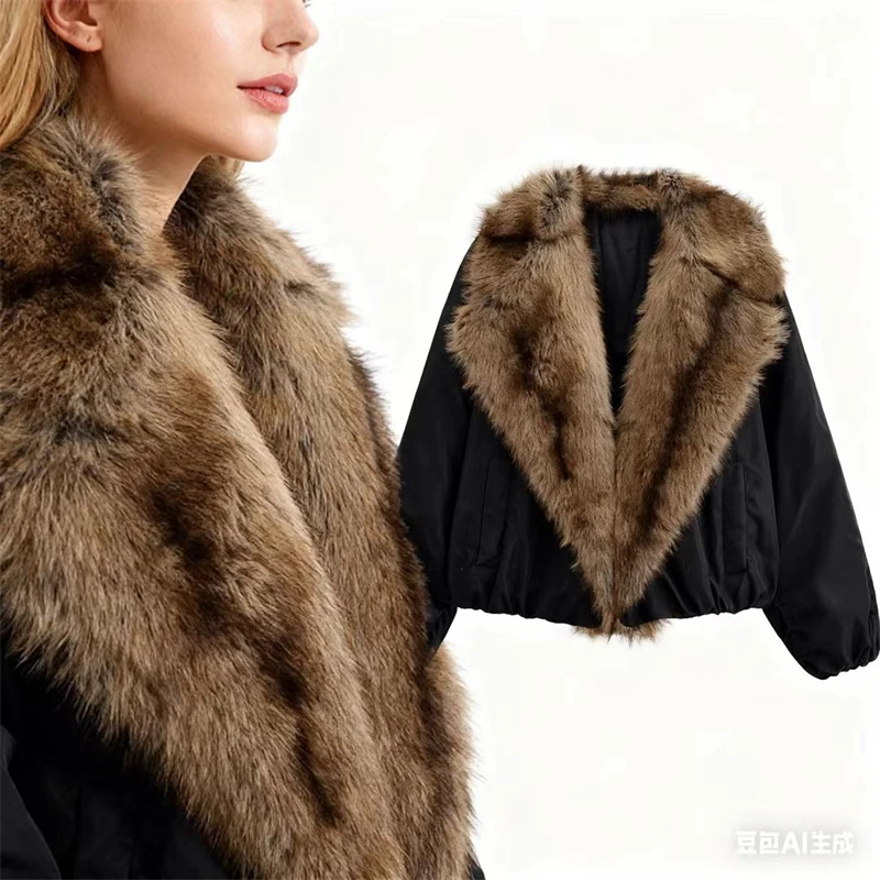 Women's Black Bomber Jacket with Oversized Faux Fur Collar, Warm & Stylish Winter Outerwear, Trendy Short Puffer Coat