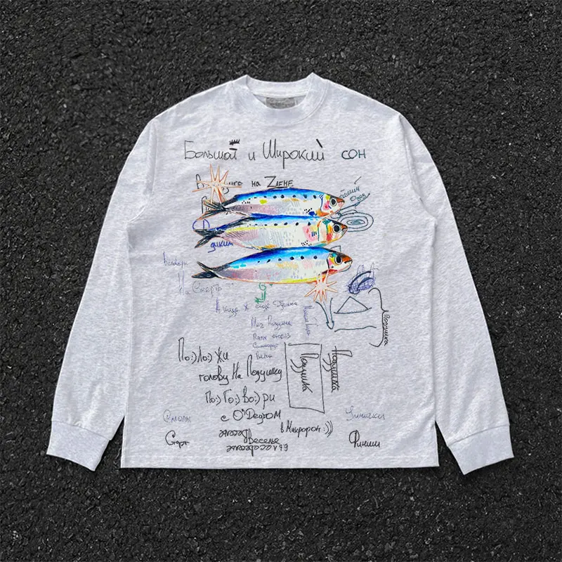

Retro American Spliced Long Sleeve T-Shirt Visual Subculture Elegant Feeling Top Durable Cotton Casual Fashion Clothing
