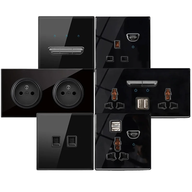 

Black glass new toggle light switch with LED light,Stairway through switch panel USB Wall socket,Eu 16A electrical plug outlet