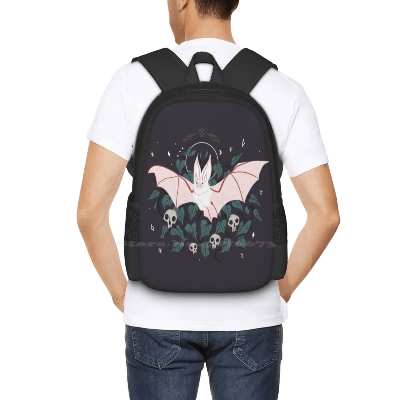 Mochila escolar de murciélago largo para el desierto, morral de viaje para ordenador portátil, murciélago blanco, noche escalofriante de Halloween