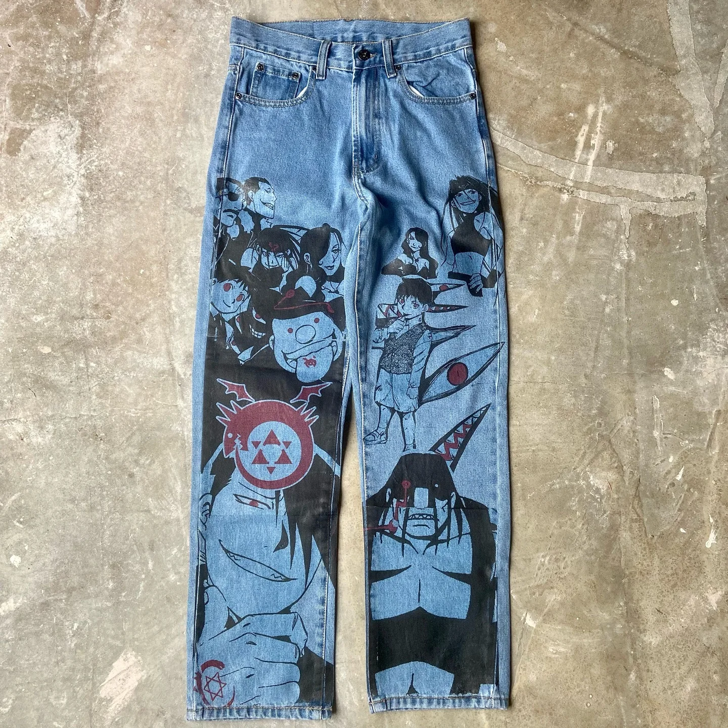 Harajuku Blue Anime Collection Graphic Wide Leg Jean Fashion Streetwear Couples High Waist Pants Denim mens Y2k Style Jeans