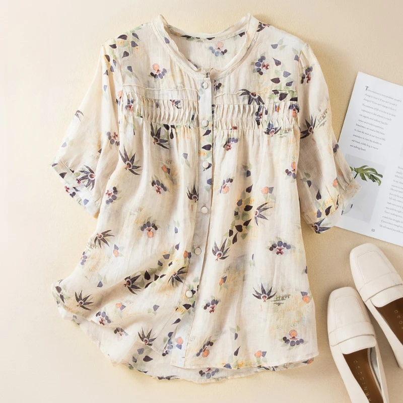 

Vintage Women's Shirts Silk Cotton Linen Printed Blouses O-Neck New Summer Ladies Clothing Loose Short Sleeves Fashion Tops