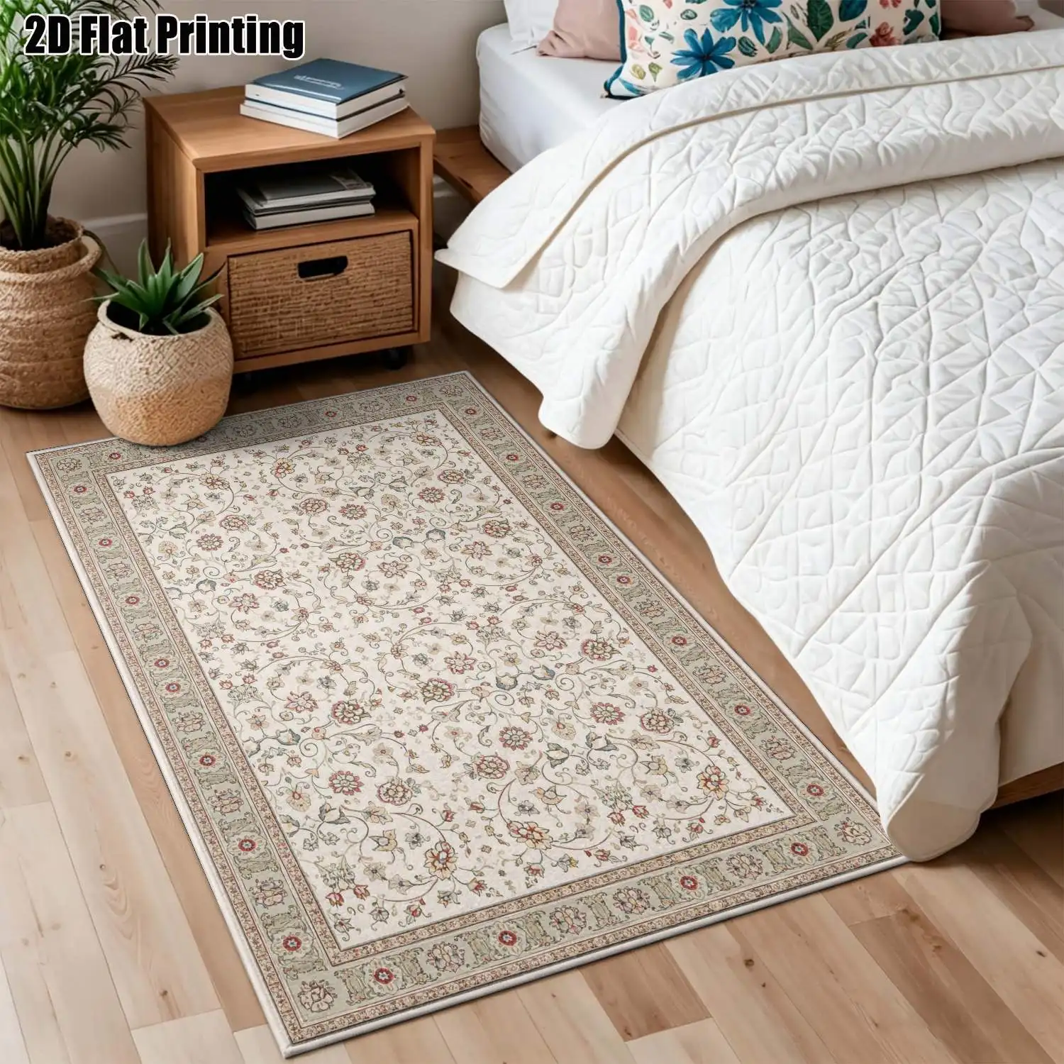 1Pc 2D Printed Beige Base Red-Brown Floral Vintage European Carpet, Machine Washable, Multi-Size for Home Decor, Living Room, Bedroom, Dining Room, Entrance, Study