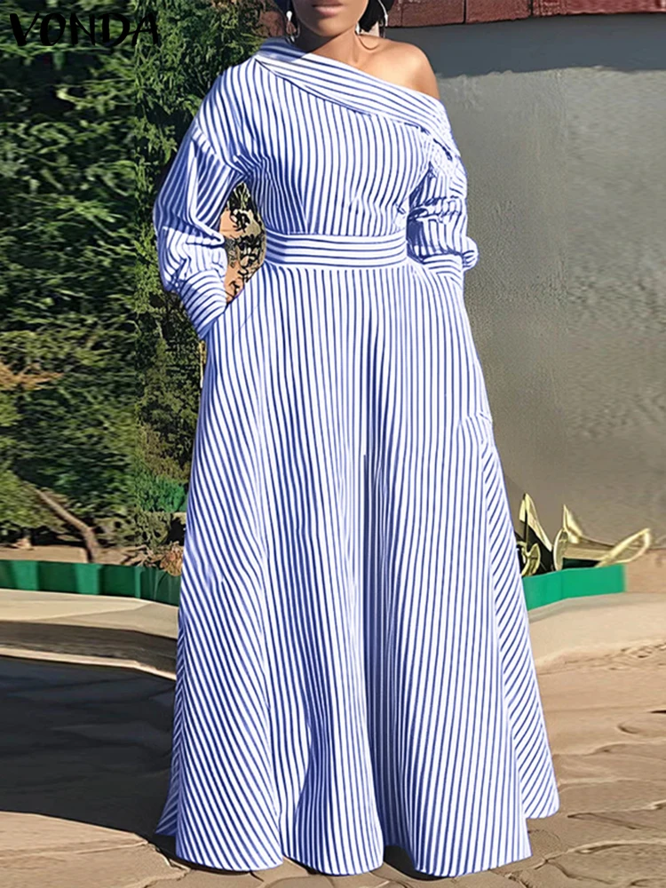 Plus Size 5XL VONDA Elegant Striped Dress 2024 Women Off Shoulder Party Sundress Bohemian Casual Loose Long Sleeve Vestidos