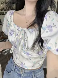 Floral Blouses Women Lace-up Elegant Aesthetic Summer Crop Tops for Ladies Retro French Style Vintage Blusas Ropa Mujer Harajuku