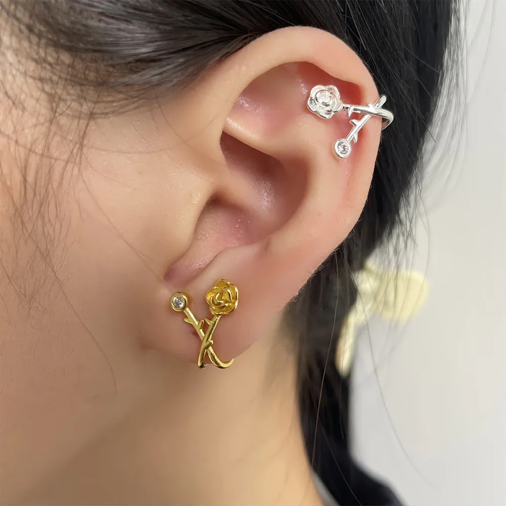 VENTFILLE 925 Sterling Silver Roses Ear Clip for Women Girl Leaves Zircon Sweet Design Versatile Jewelry Gift Dropshipping