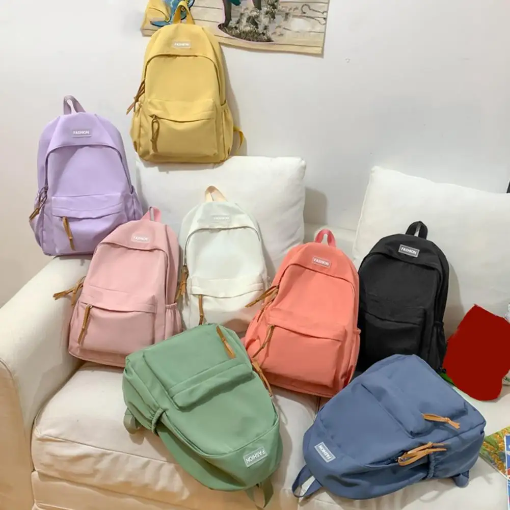 Women Backpack Multi-pocket Backpack Water Bottle Umbrella Pouch Zipper Closure Schoolbag Travel Bag Solid Color Bookbag