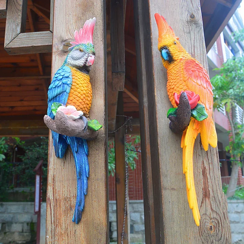 Simulation Parrot Ornament Scarlet Macaw Model Wall Mounted Tree Hanging Resin Statue Craft DIY Garden Outdoor Home Decoration