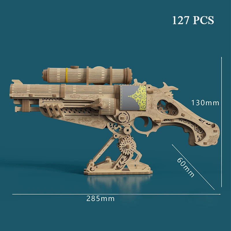 DIY Handgun Model 3D Puzzle Wooden Miniature Building Kit Punk Hitter Mechanical Gear Jigsaw Puzzle for Children Birthday Gifts