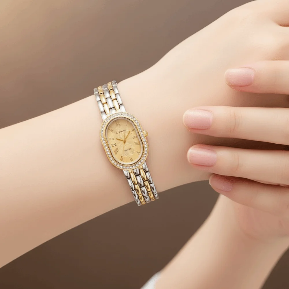 Oval Dial Women's Quartz Watch Minimalist Rhinestone Encrusted Vintage Female Clock Quartz Movement Elegant Ladies Wristwatch