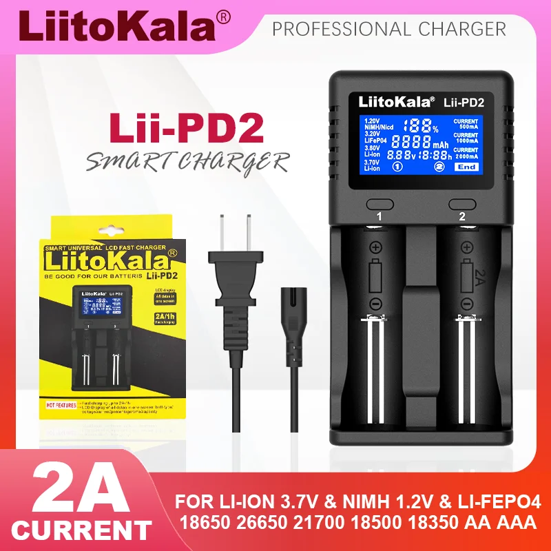 Liitokala Lii-PD2 1.2V 3.7V 3.2V AA/AAA 26650 18650 18350 21700 14500 20700 US EU UK Plug Lithium Rechargeable Battery Charger