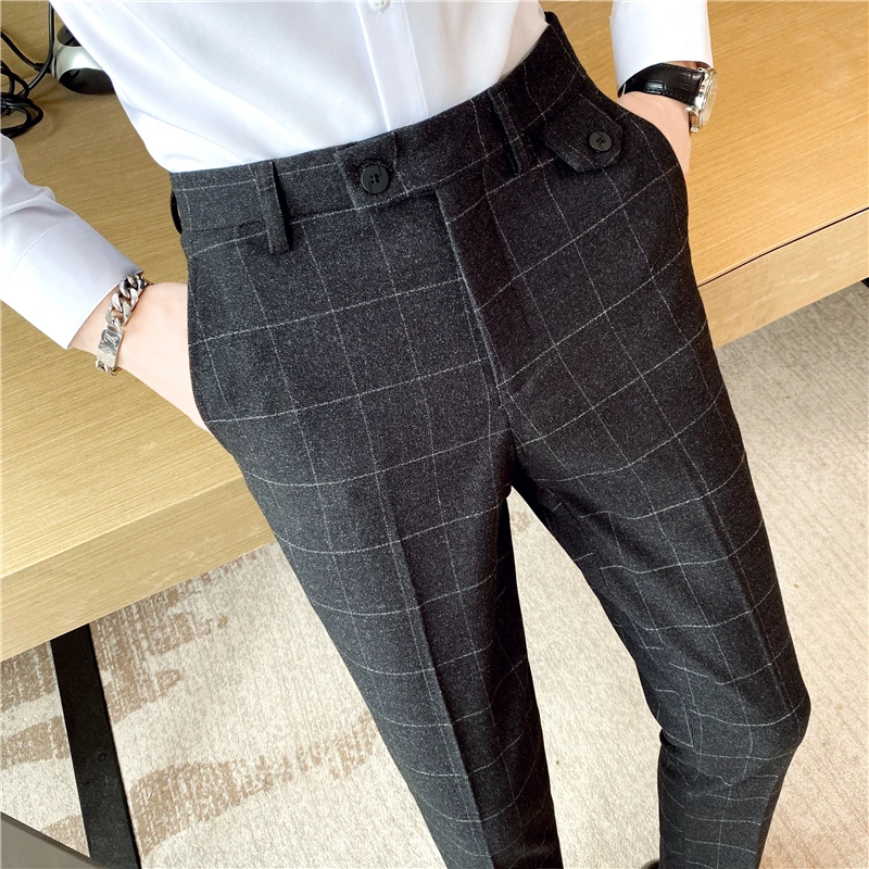 

2022 Men Formal Office Social Suit Pants British Casual Slim Fit Trousers Men Clothing Autumn Winter Plaid Business Dress Pants