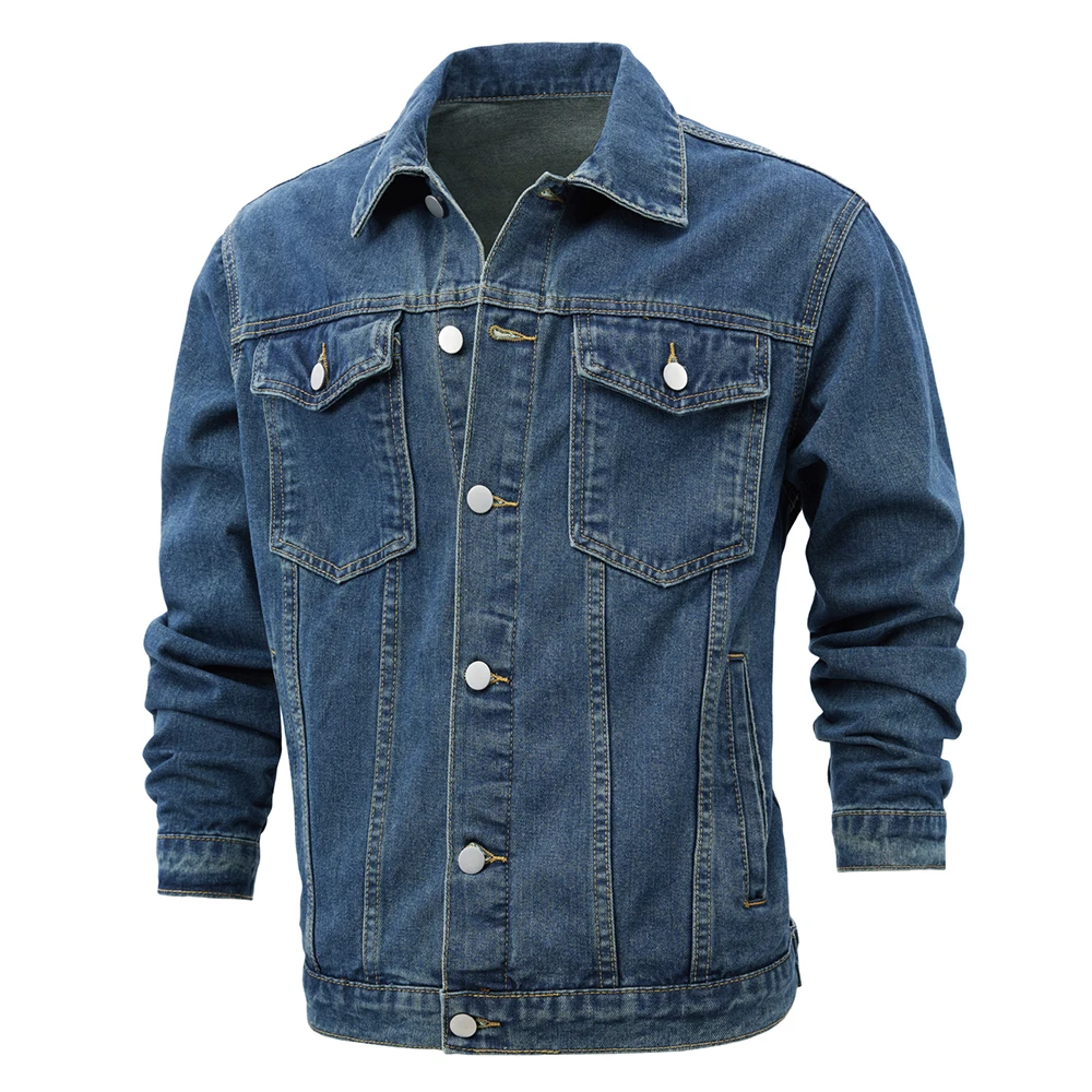Men's Classic Denim Jacket Casual Indigo Blue Cotton Jean Coat Pockets All Match Lapel Long Sleeve Outerwear