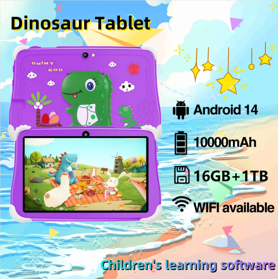 

2025 New Android 14 Kids Dinosaur Tablet 10.1' 16GB RAM 1TB ROM Snapdragon888 5G WiFi Blue Light Eye Protection Gift Tablet Case