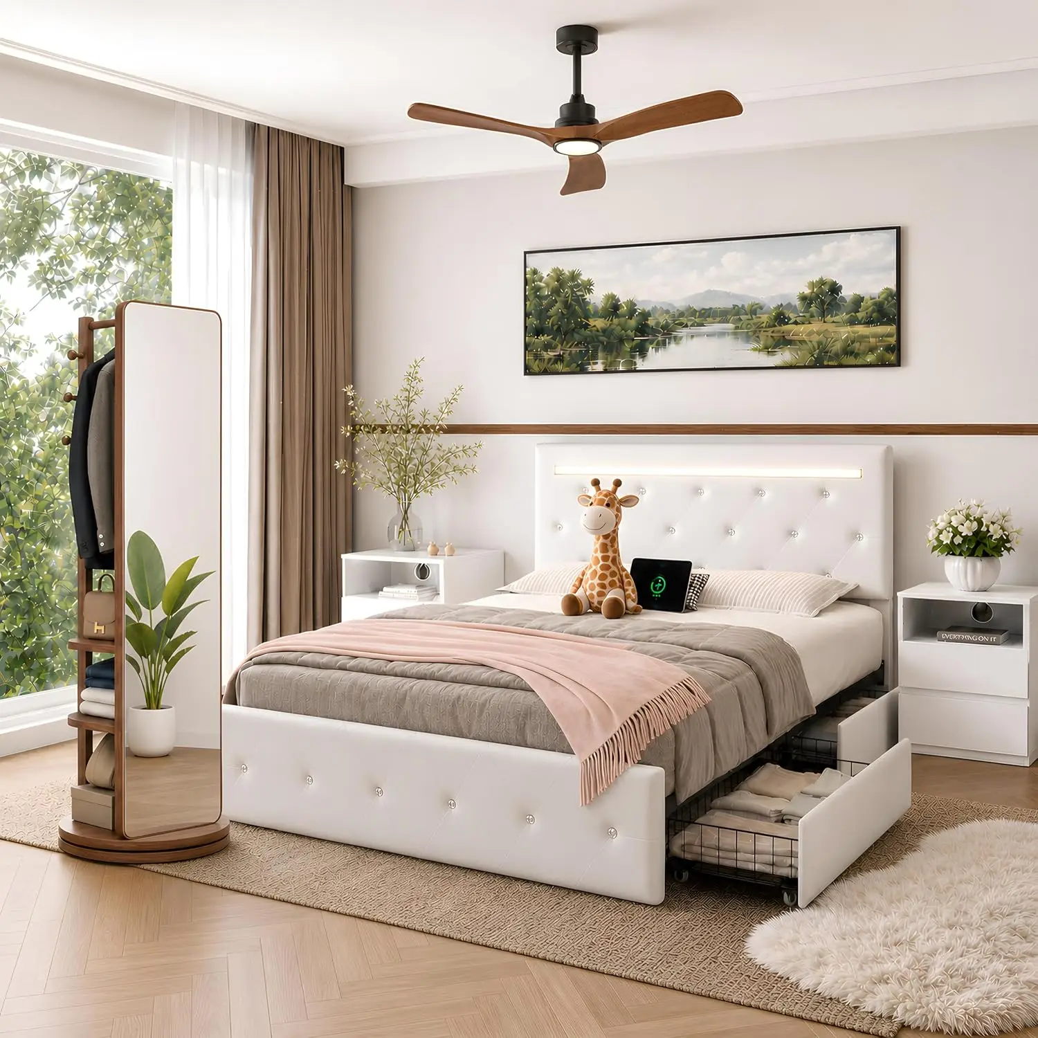 4-Piece Queen Bedroom Set, White Bed Frame with Liftable Headboard | Sturdy Metal Built With 4 Storage Drawers, Charging Station