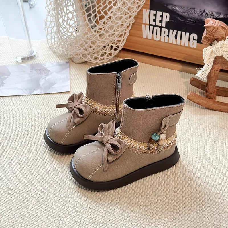 

2025 Autumn Winter Girls Leather Boots Ethnic Style Kids Short Boots with Simple Bows Children Princess Boots Side Zipper Sweet