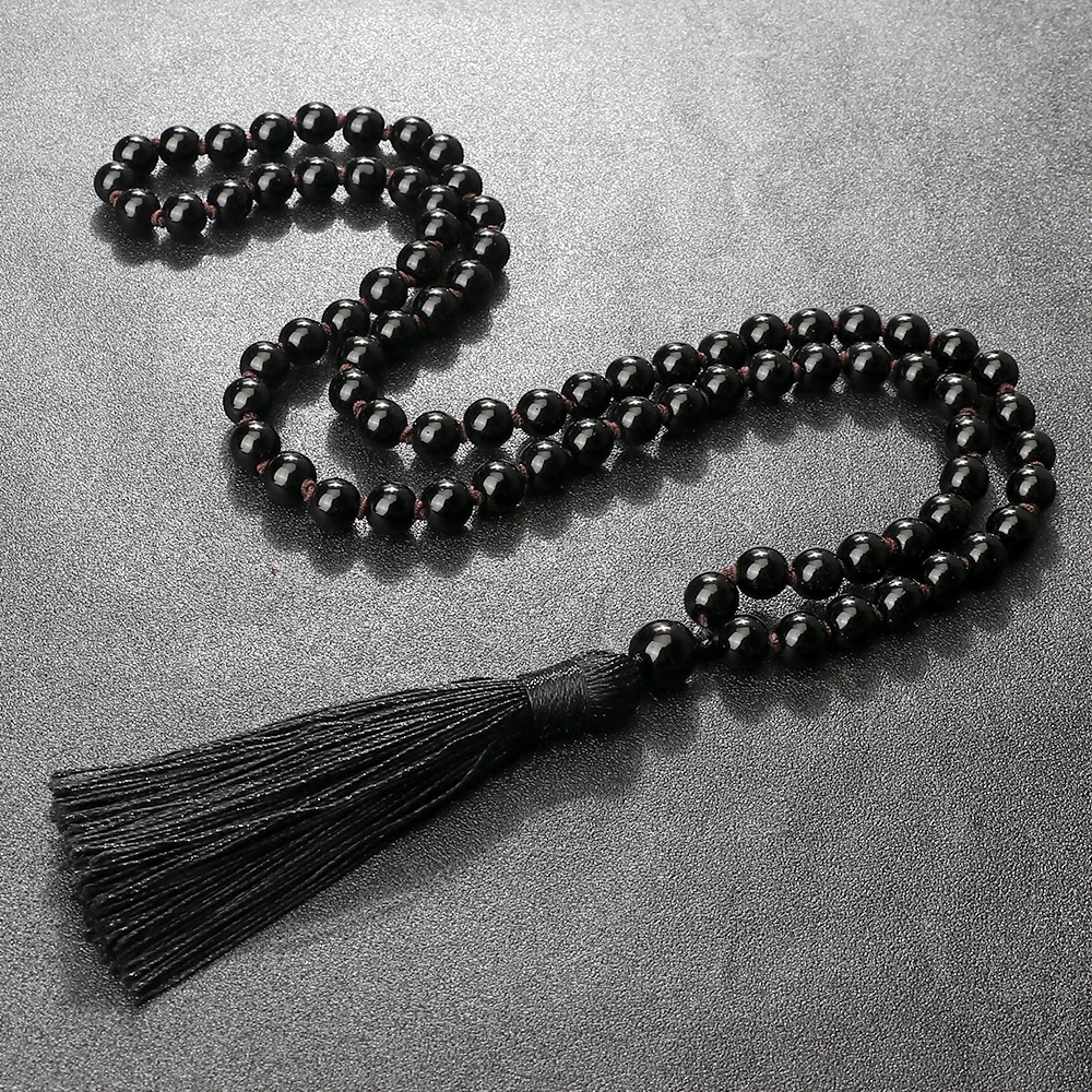 Matte Black Stone Necklaces Men Buddhist Prayer Healing Rosary Shiny Beads Necklace Women Jewelry Energy Lucky Charms Yoga Gift