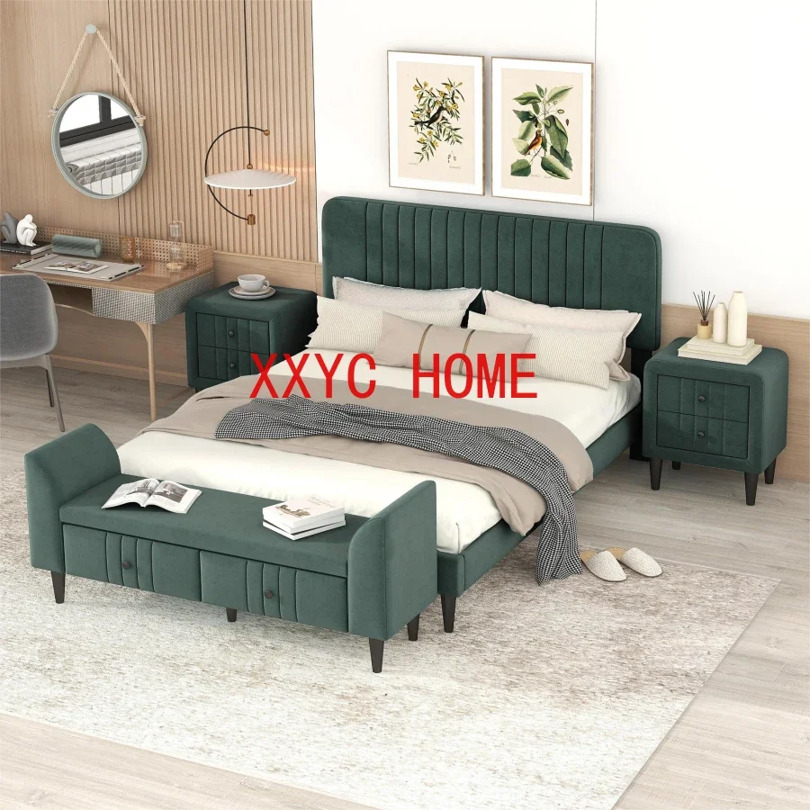 4-Pieces Bedroom Sets Queen Size Upholstered Platform Bed with Two Nightstands and Storage Bench-Green4-Pieces Bedroom Sets Quee