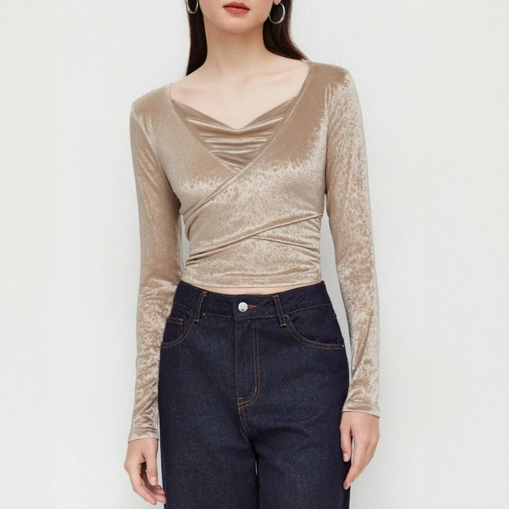 

Женская блузка с длинным рукавом и круглым вырезом, осенний простой однотонный облегающий повседневный базовый топ для повседневной носки