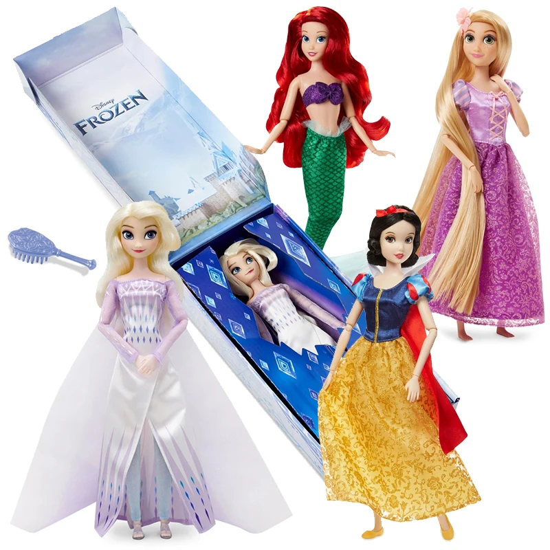 Original Disney Store 30CM Rapunzel Frozen Anna Elsa Mermaid Snow white Princess Joint Vinyl Doll Figure toys For kids Xmas gift