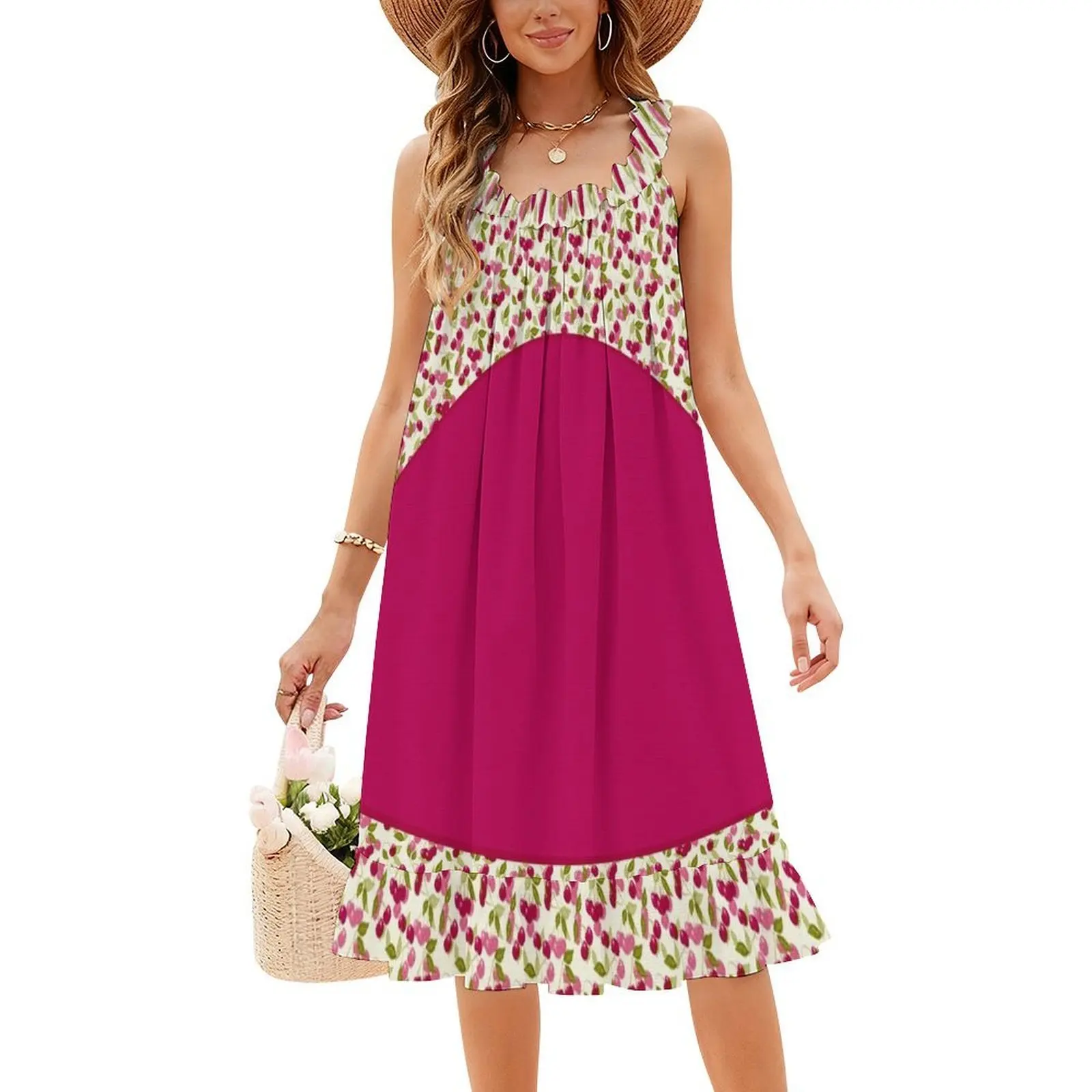 Gaun Boho Chic Kain Ceri Merah dan Multiwarna Motif Kombinasi, Gaun Pesta Pernikahan Pantai Elegan dan Modis