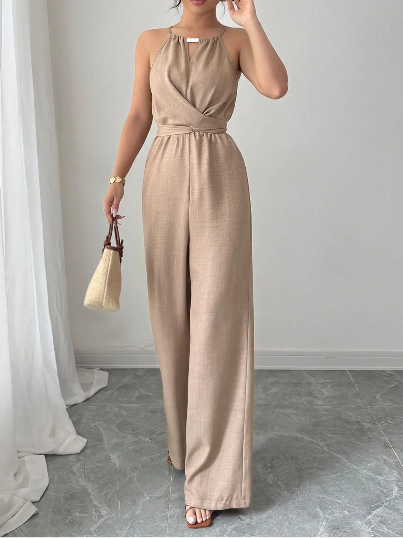 Women's Jumpsuits Summer Sleeveless Solid Fashion Bandage O- Neck Sexy Slim Folds Jumpsuits Casual Streetwear Simple Jumpsuits