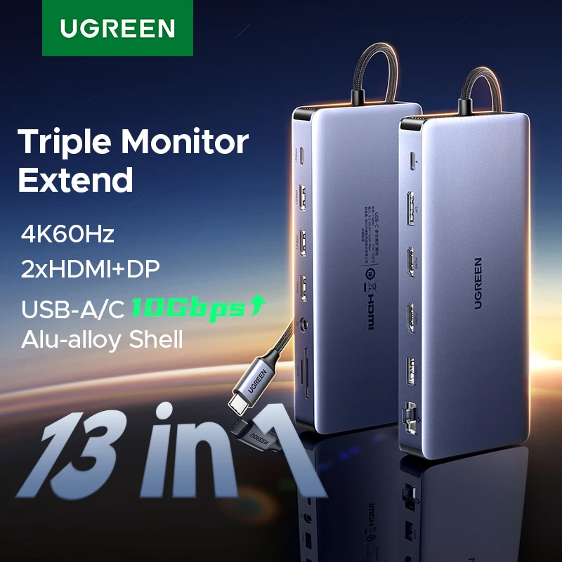 

UGREEN 13-в-1 USB-концентратор с тройным дисплеем Type-C до 4K60Hz DP 2xHDMI RJ45 SD/TF 3,5 мм 10 Гбит/с док-станция с портами данных для ноутбука Dell HP