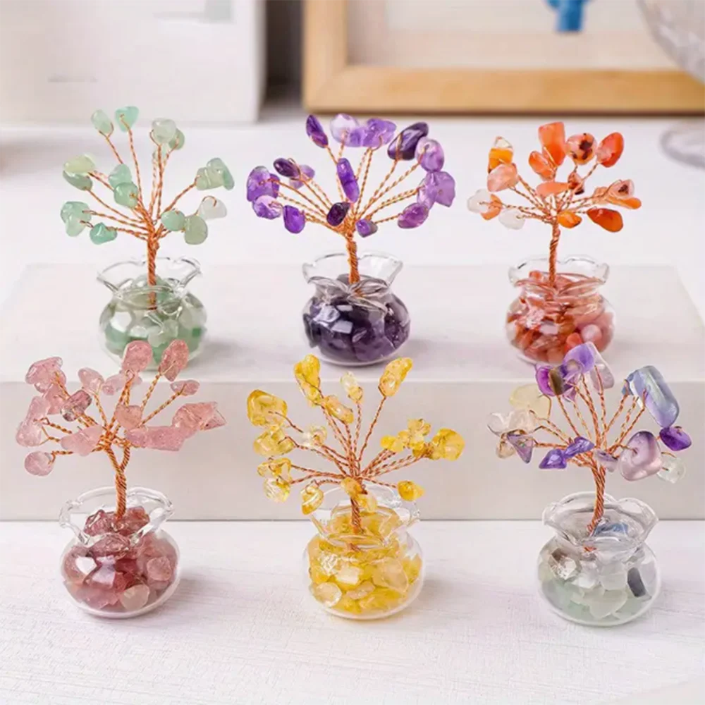 

1 pcs Handmade Mini Crystal Flower Tree, Natural Crushed Stone, Glass Enclosed, Tabletop Decor, Home Decor, Solid Format