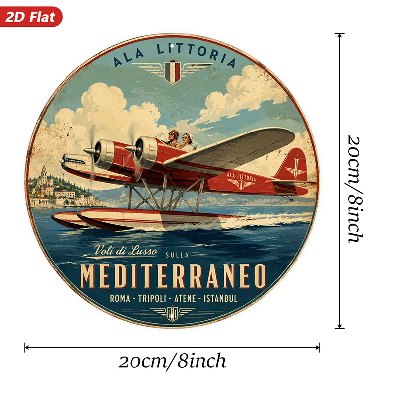 2D Flat, 1pc Vintage Seaplane Travel Round Metal Sign Wall Art, Ala Littoria Lettering, Red Twin Engine Seaplane