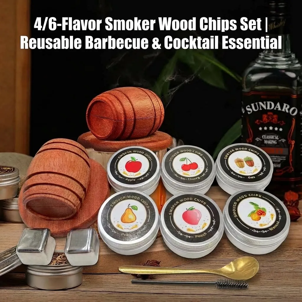 4/6PC Cocktail Smoker Kit 4-6 Flavors +2 Icewine Stone Old Fashioned Drink Smoker Infuser -Whiskey Wooden Smoked Wood Hood