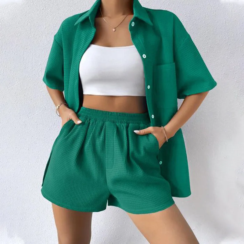 Women Two Pieces Suits Turn Down Collar Short Sleeve Blouses Top With Mini Shorts Summer  Casual Home Clothes Ladies Outfits