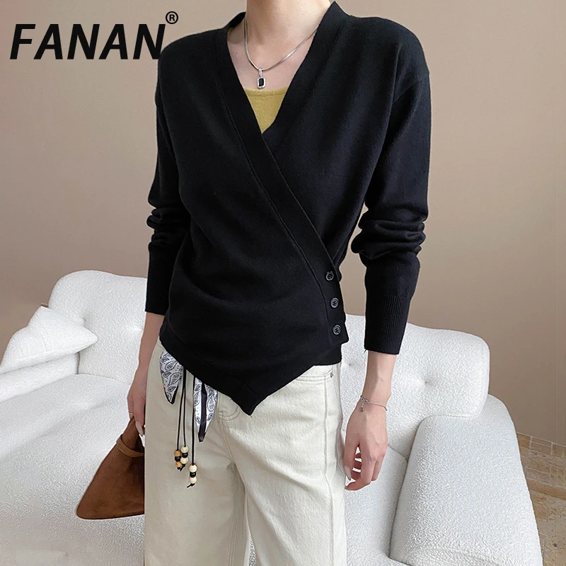 

FANAN Irregular Design Gathered Waist Cardigan Sweater Women's V Neck Long Sleeve Knitting Warm Tops Fashion Clothing Autumn New