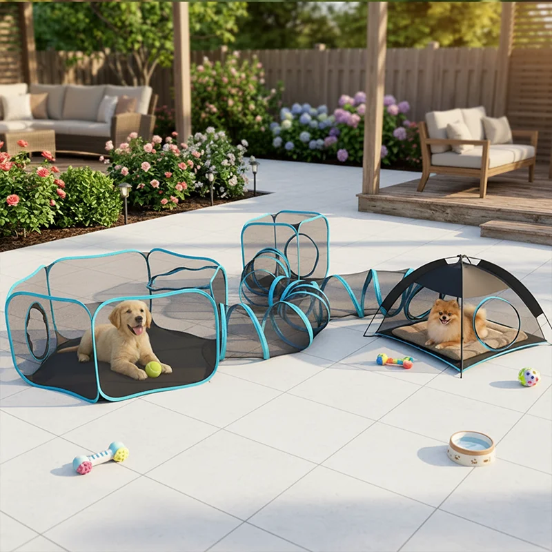 4-in-1 Pet Playpen Tent Tunnel Square House Foldable Pop Up Mesh Kennel for Cats Dogs Kittens Puppies Travel Beach Outdoor