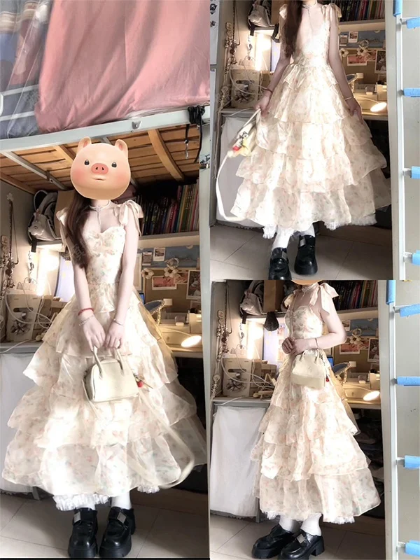 

Элегантное летнее платье с цветочным принтом и бантом на бретельках, многоярусная юбка, женское платье в стиле милой принцессы, длинное А-образное платье без рукавов