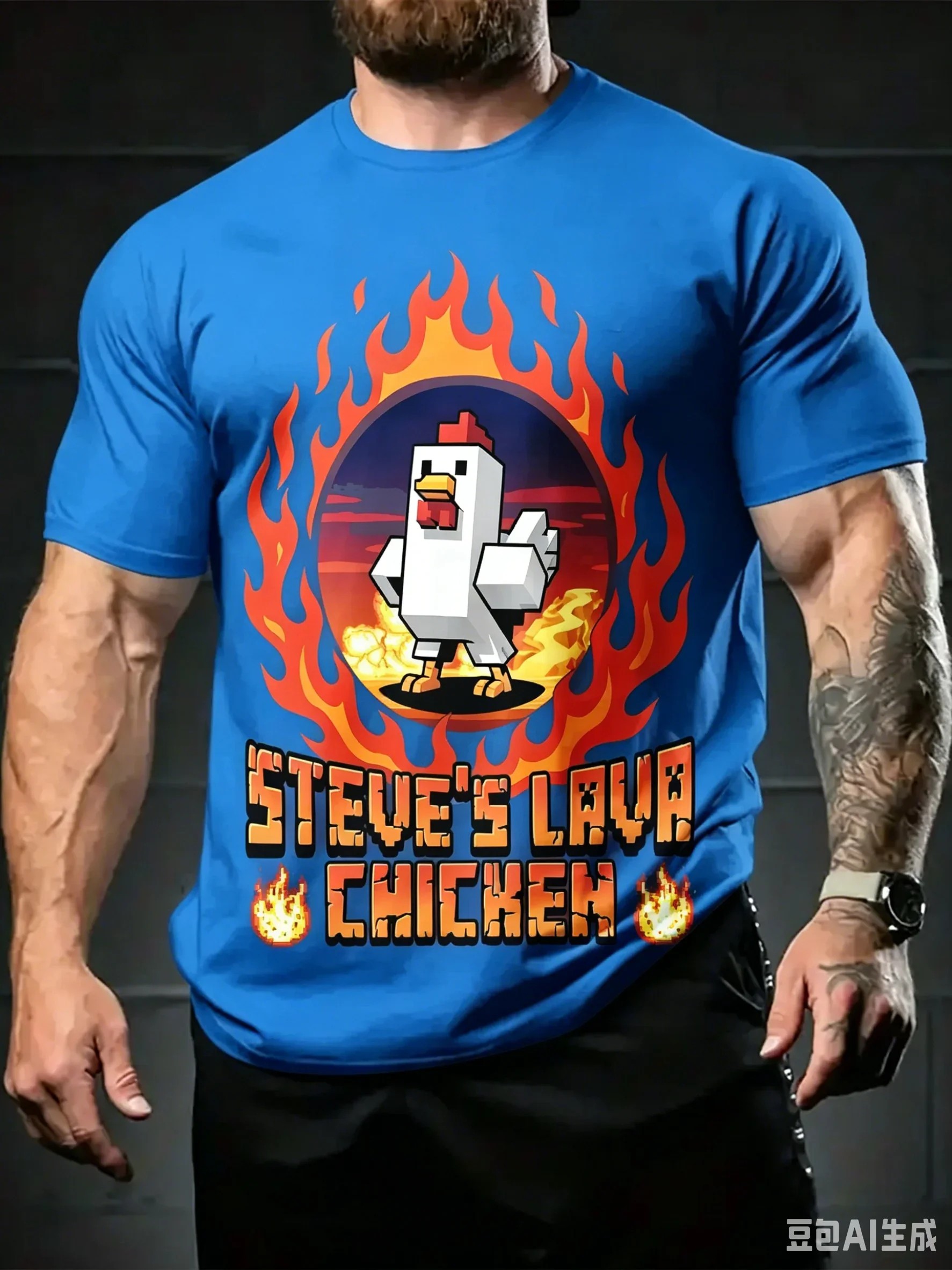 Fashio Men Steve's Lava Chicken Pixel Flame Graphic T Shirt for Men Summer Casual Short Sleeve T-Shirt Game Cartoon Print Tops