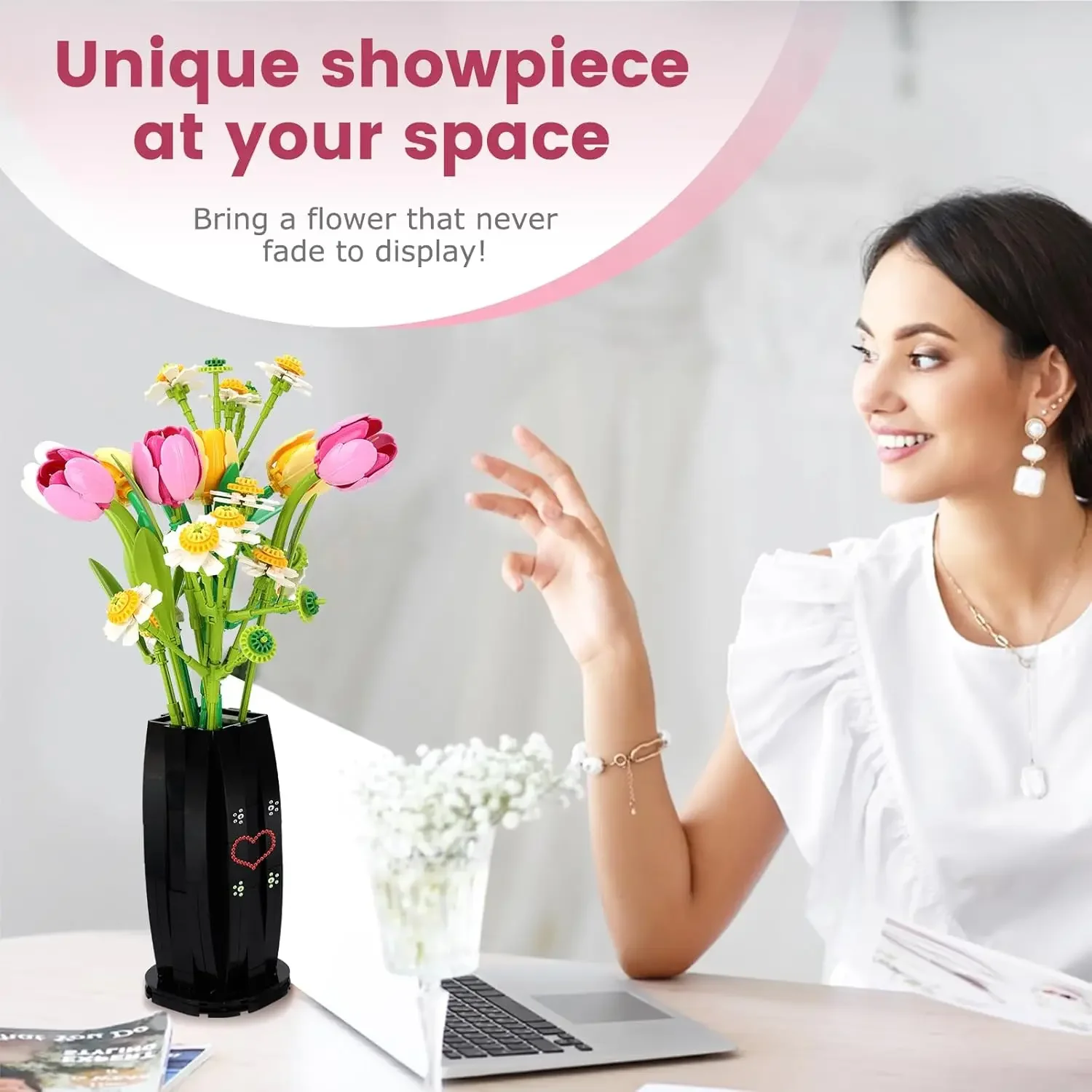 

Bouquet with Vase Building Blocks Set Tulip Flower Plant Model Home Decoration Adults Toys DIY Mother's Day Gifts for Girls