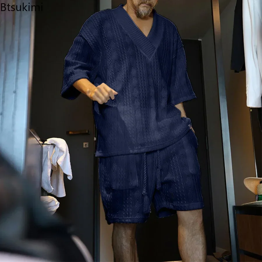 2025 Men's Summer Casual Two Piece Shorts Sets Knitted Streetwear Solid Half Sleeve V Neck Tops And Drawstring Shorts Suits Male