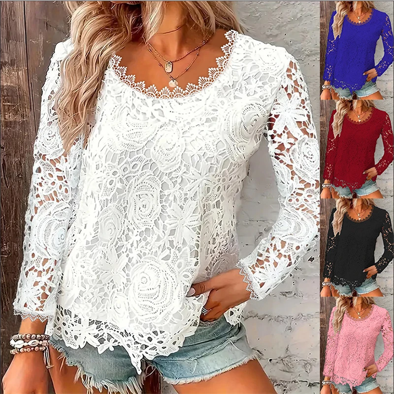 Ladies Lace Round neck Blouse Tee Long Sleeve Summer Tops Casual T-shirts PLUS SIZE Pullover