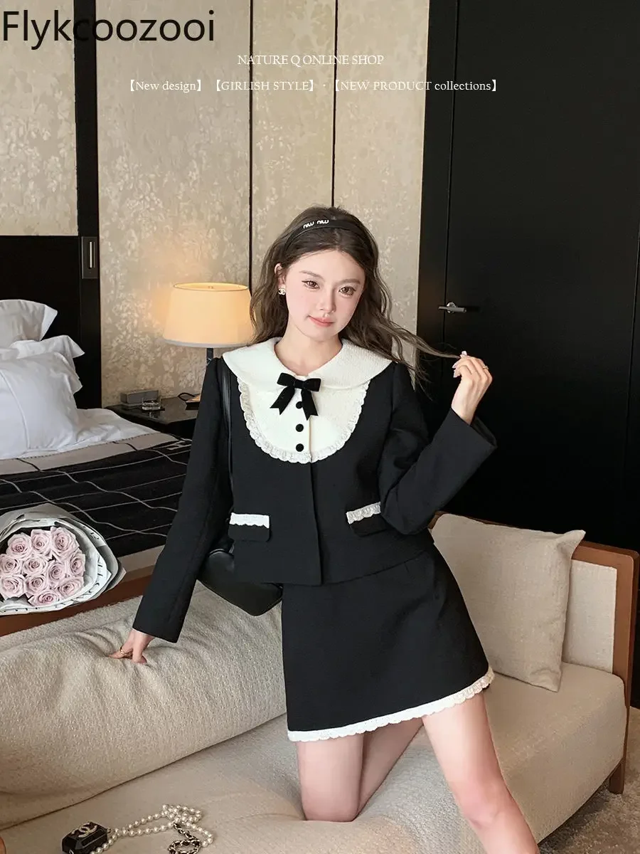 French Rich Family Daughter Elegant Suit Female Autumn Black Miu Doll Collar High-grade Coat Two Piece Sets Womens Outifits