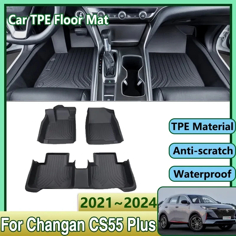 

Автомобильные коврики из ТПЭ для Changan CS55 Plus II 2021 ~ 2024 2023, водонепроницаемый кожаный грязевой коврик, коврик для ног, полный коврик, автомобильные аксессуары