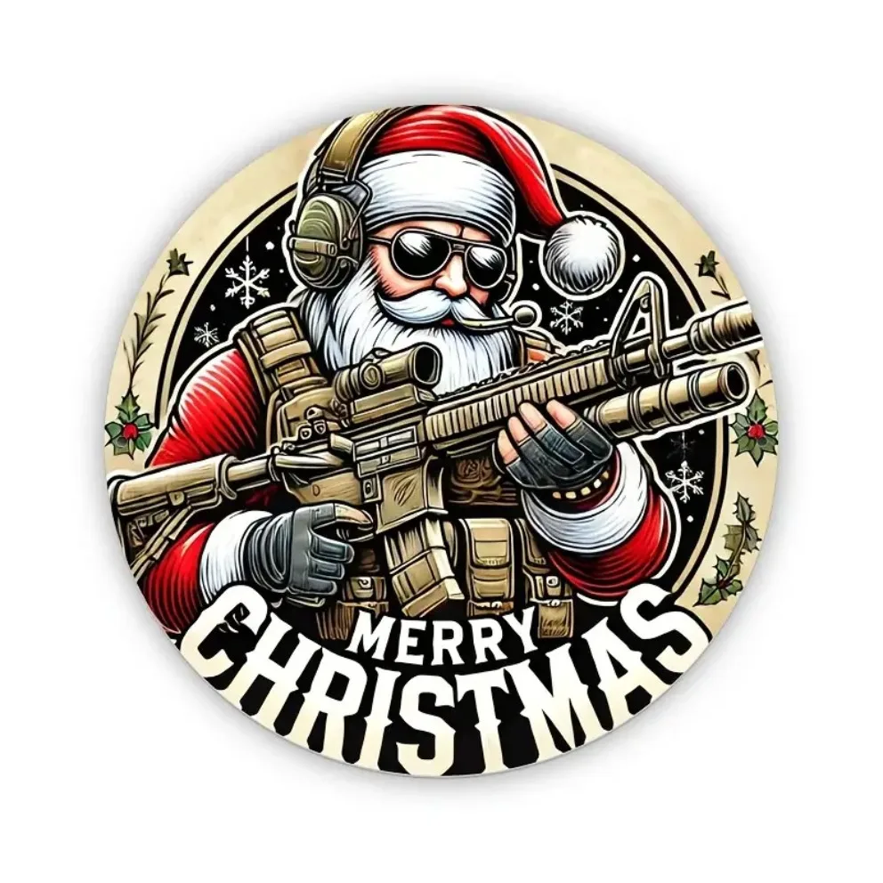 التكتيكية سانتا علامة معدنية تنقش الجندي سانتا مع بندقية قناص وديكور المنزل عيد الميلاد ، موضوع عسكري عطلة الطرف #5