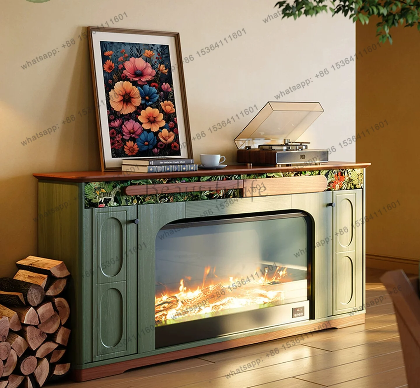 

French retro style fireplace cabinet living room American solid wood simulation flame heating fireplace decorative cabinet