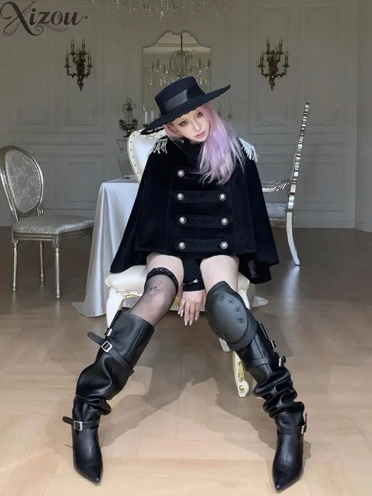 Dark Heavy Metal Button Cape Coat Fringe Epaulet Design Slim Fit Alt Subculture Cool Girl Early Autumn Winter Outerwear Ponchos
