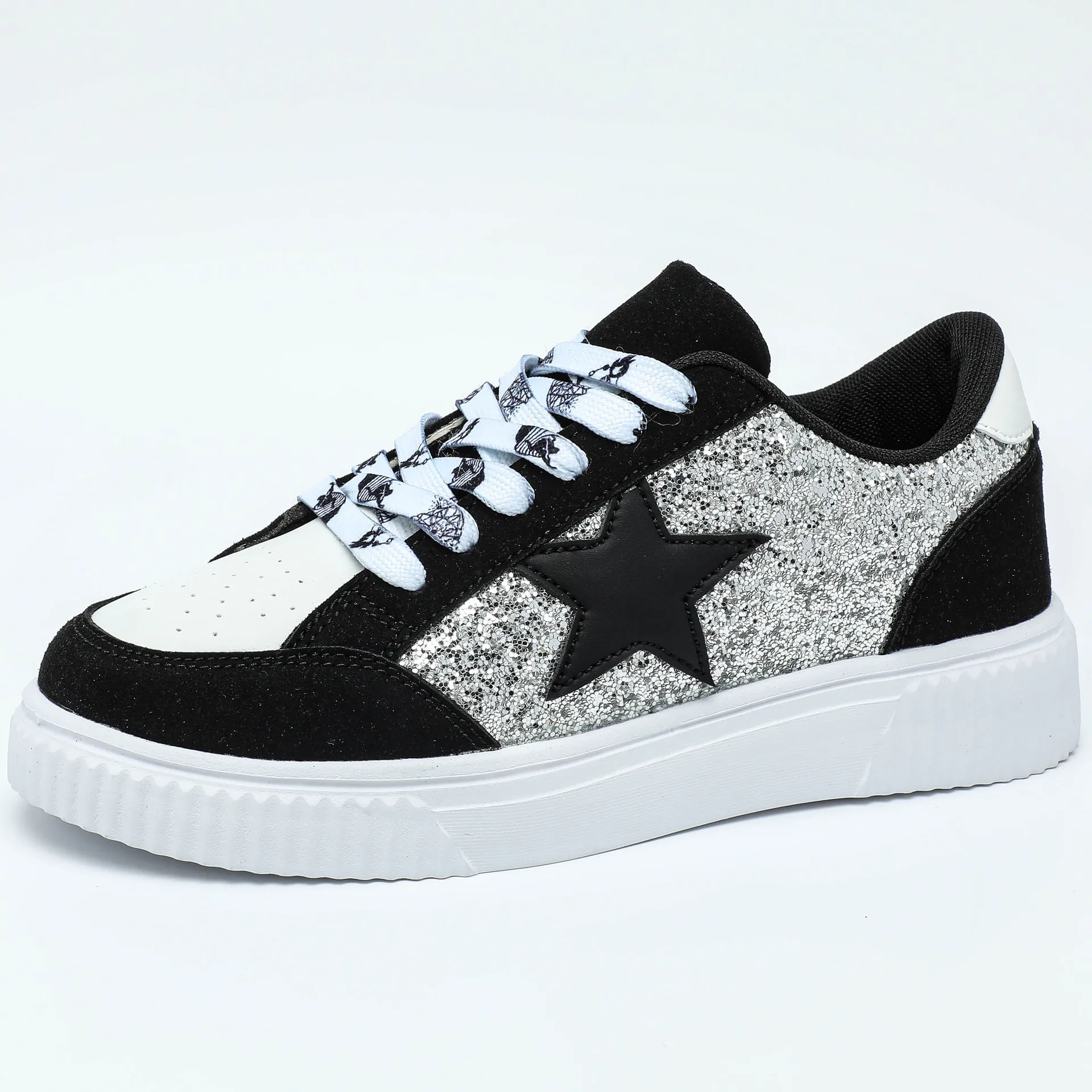 VEAMORS Women Fashion Board Shoes Men's Casual Sneakers Trendy Sequin Walking Shoes Flats Lace-up Low-cut Casual Shoes