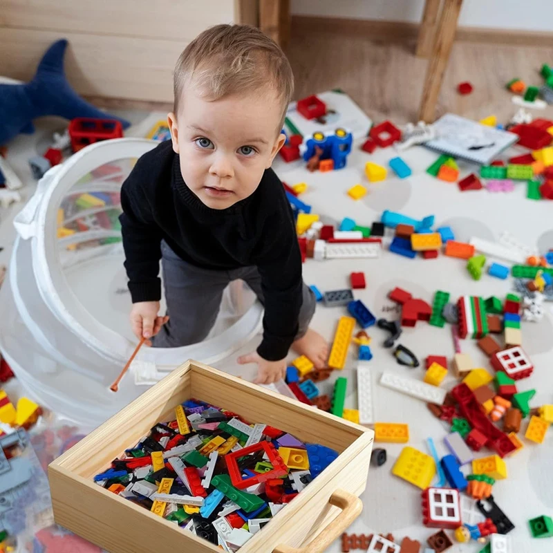 Organizador De Armazenamento De Brinquedo Para Crianças, Caixa De Blocos De Construção Com Alça E Tampas, Recipientes De Madeira Natural, Peito Para Criança