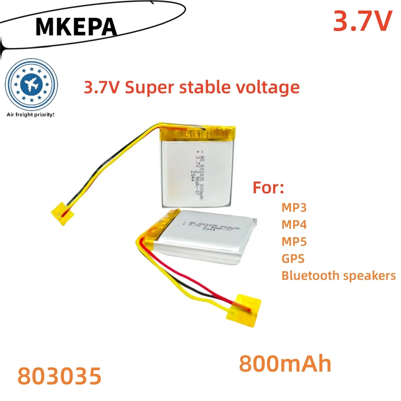 803035 3.7V 800mAh lithium polymer Lipo rechargeable battery, suitable for MP3, MP4, MP5, GPS camera, Bluetooth speaker, etc