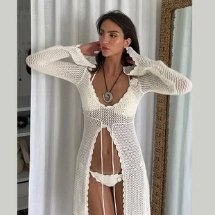 Bikini Beige Knitted Hollow Out Mini Dress Women Long Sleeve Backless Slim Summer Beach Dress Female Fashion Sexy Cover-Ups 2024