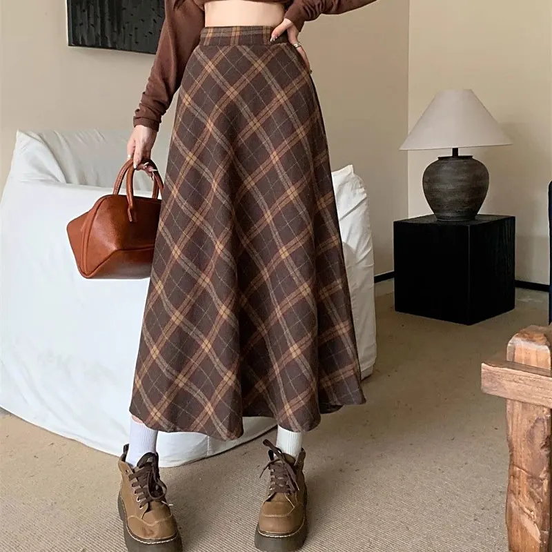 England Vintage Plaid Midi Skirts 2024 Autumn Winter High Waist Elastic Basic Female Clothing A-Line Commute Preppy Style Skirts