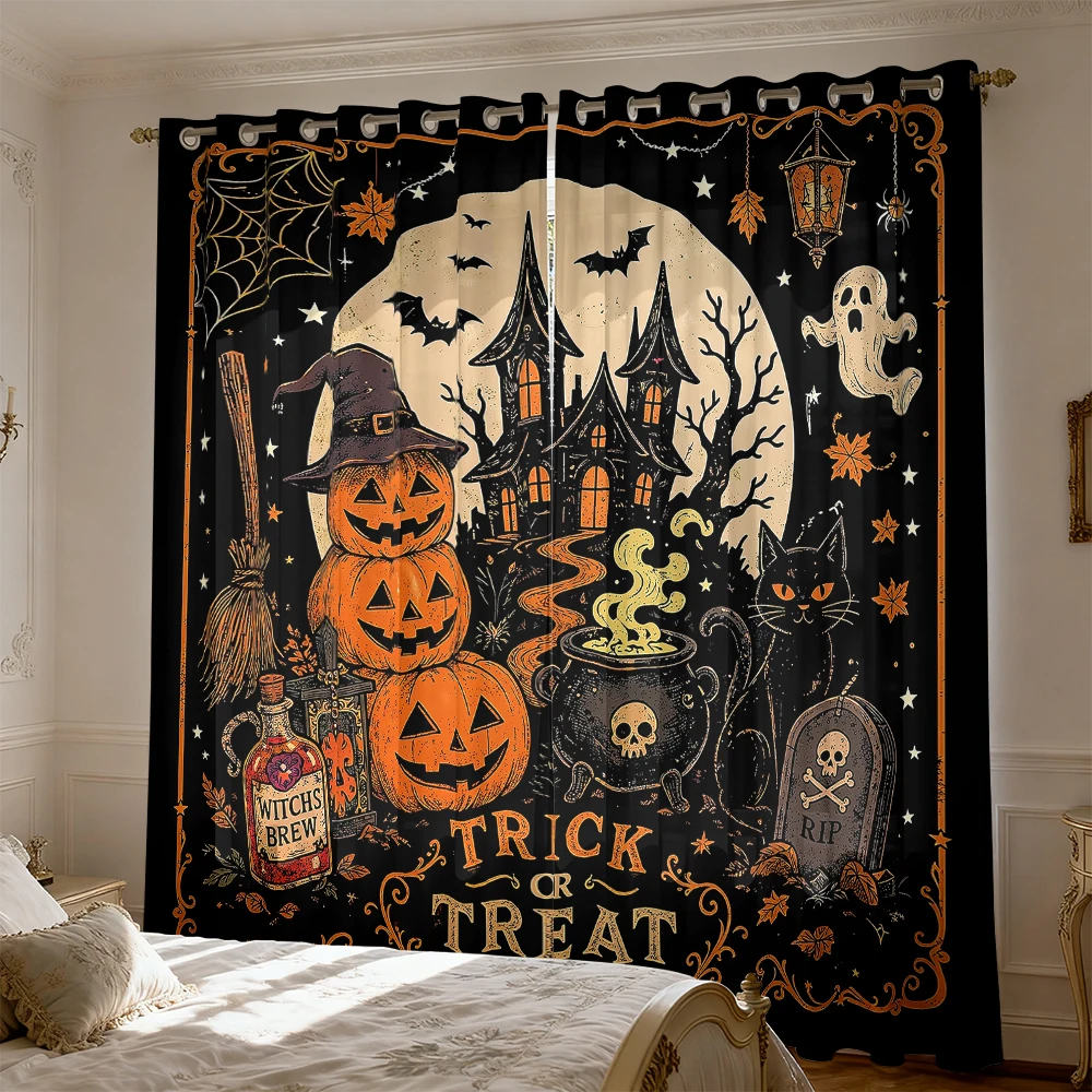 Halloween Castle Ghost Pumpkin 2 Panels 90g Polyester Curtains Vintage Spooky Haunted House Drapes Holiday Decor
